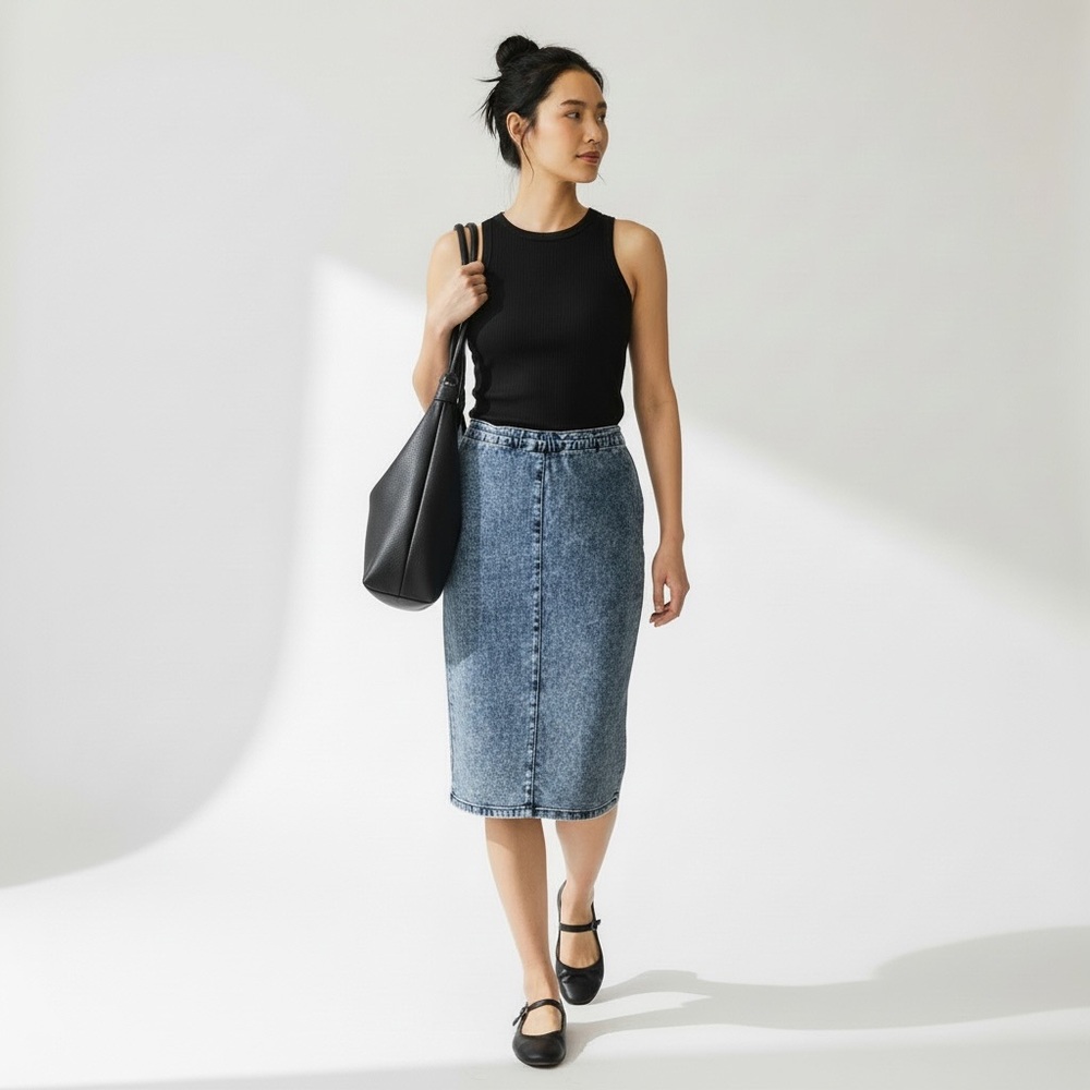 Iris Jeans Denim Midi Skirt Acid Wash Pencil Bodycon Stretch Size M 90s